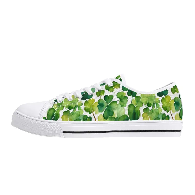 Stylish womens low Shamrock Sneakers with a fun green shamrock pattern for Paddy’s Day