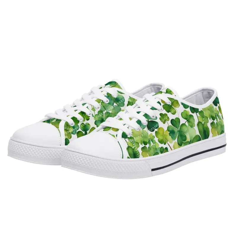 Stylish womens low Shamrock Sneakers with a fun green pattern for St. Paddy’s Day