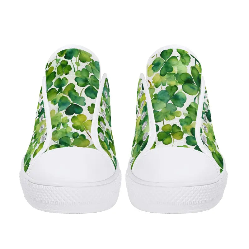 Stylish womens low Shamrock Sneakers for St. Paddy’s Day fun with a green clover pattern