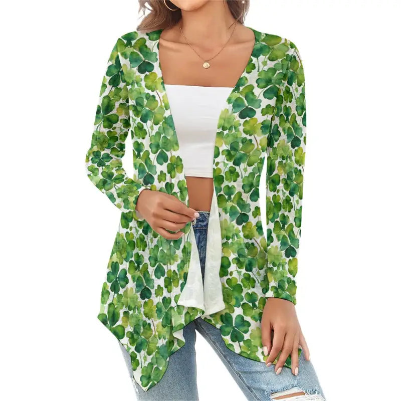 Flowy cardigan with green shamrock pattern perfect for your Patrick’s Day style