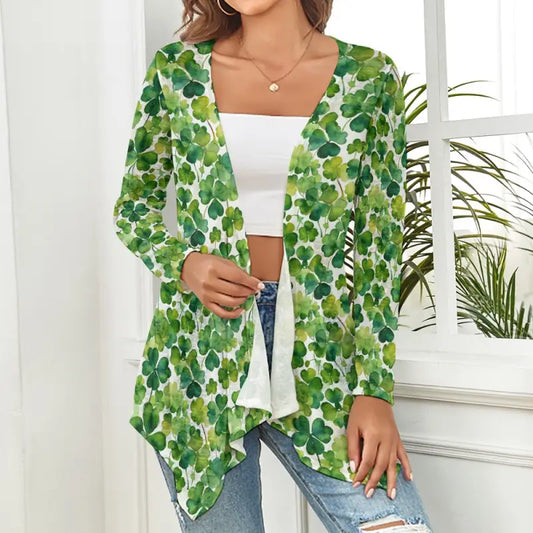 Green and white floral print open front Patrick’s Day cardigan with long sleeves