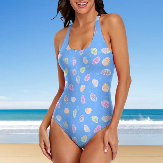 Light blue one piece swimsuit with criss cross back and charming shell pattern ladies