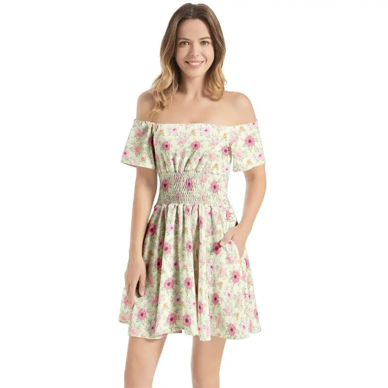 Off-the-shoulder floral summer dress with shirred waist flared mini style