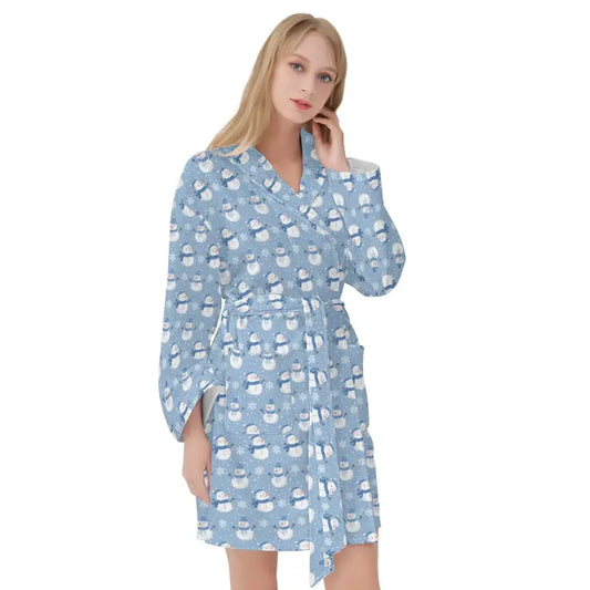 Light blue Womens Snowman Short Bathrobe featuring cute white teacup pattern