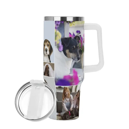 Personalized 40oz stainless steel travel mug with dog and people photo collage