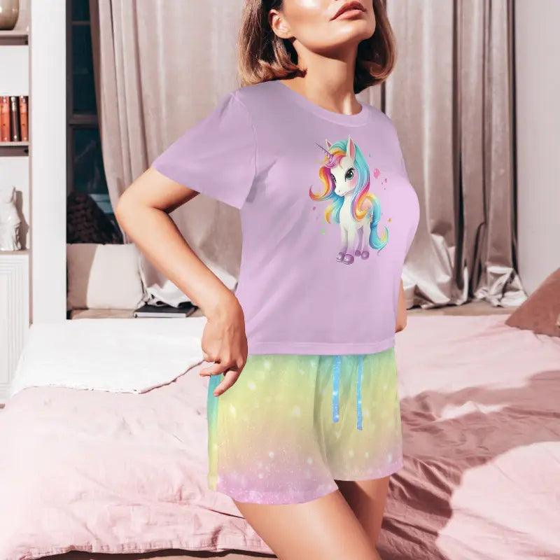 Lavender unicorn rainbow pajamas with pastel tie-dye shorts and drawstring elastic waist