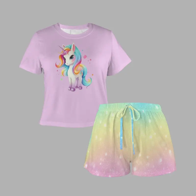 Pink unicorn t-shirt with matching rainbow tie-dye shorts for cute unicorn rainbow pajamas