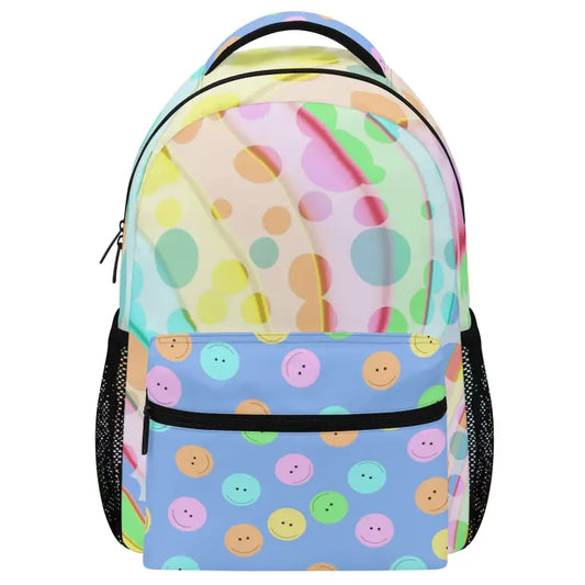 Colorful Smiley Face Backpack with fun polka dots and happy face patterns