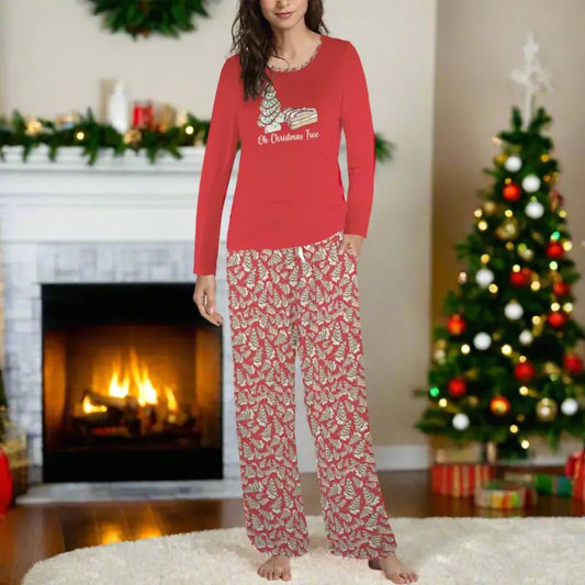 Cozy Christmas-themed Snack Cake Pajamas set with red top and patterned bottoms