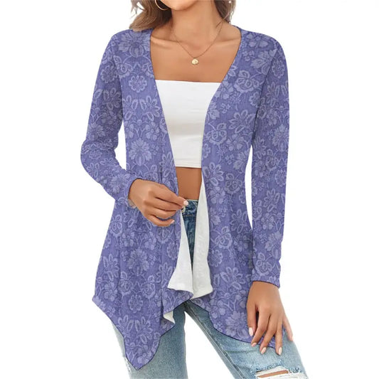 Cozy purple floral cardigan with long sleeves and an asymmetrical hem for stylish women