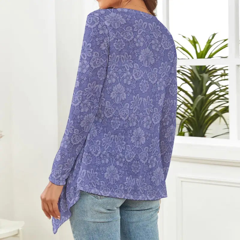 Periwinkle blue floral print long-sleeve top for a cozy women’s purple floral cardigan