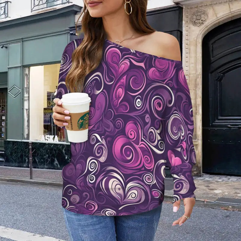 Off-shoulder purple floral top with heart patterns for a stylish, enchanting look