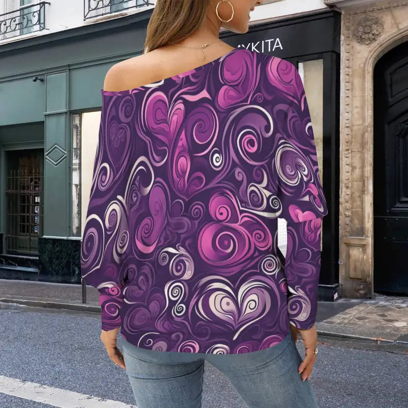 Off-shoulder long sleeve top with enchanting purple floral heart patterns