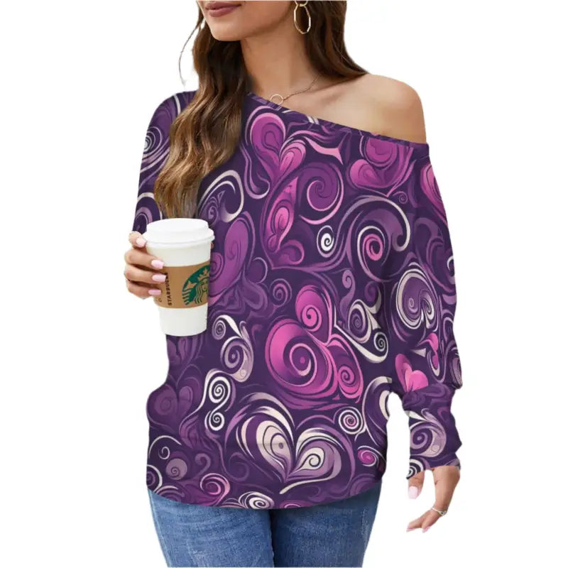 Off-shoulder purple sweatshirt with swirling heart patterns, perfect for an enchanting purple floral look