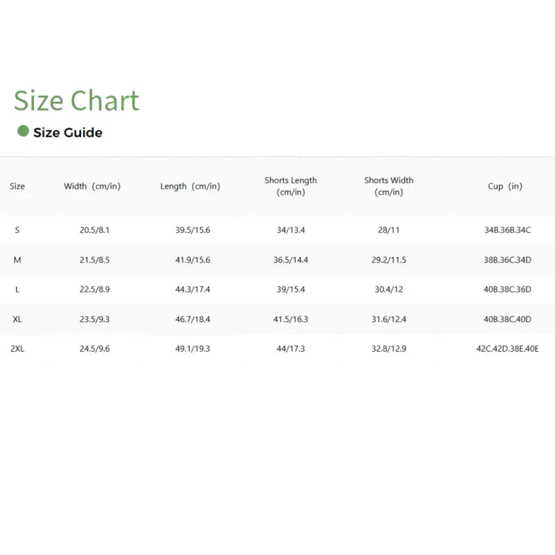 Clothing size chart for Soft and Snazzy Bikini showing length in cm and in for perfect fit