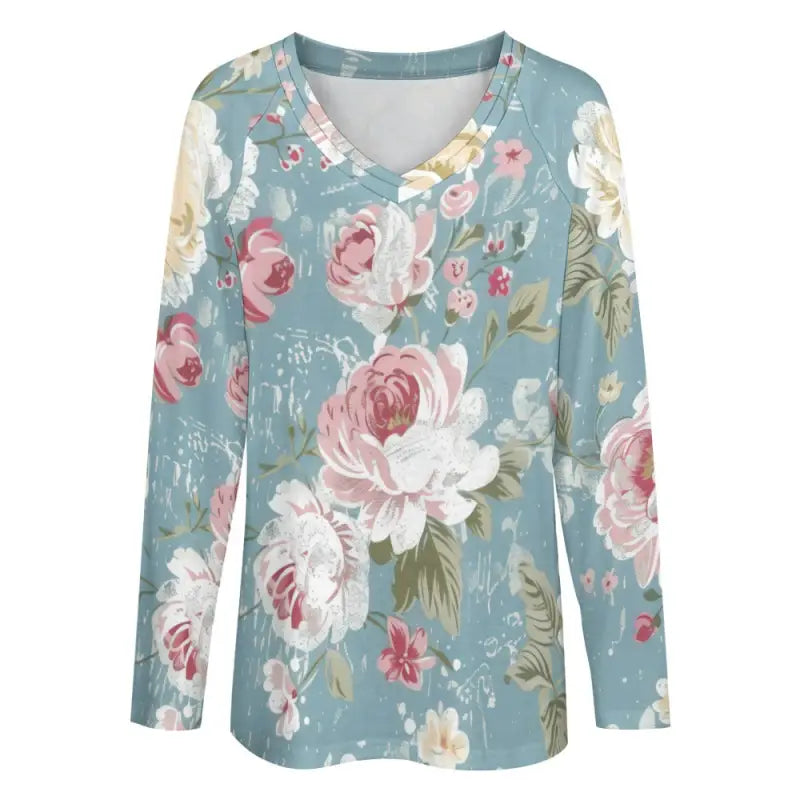 Soft blue long-sleeved t-shirt with V-neck design and floral rose pattern
