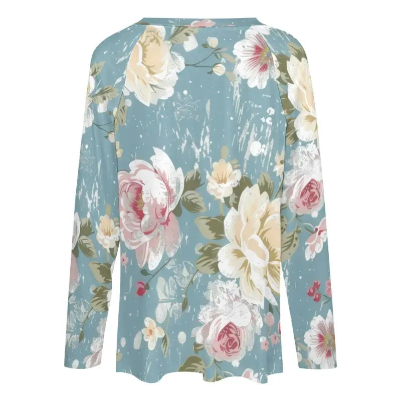 Soft teal long-sleeved t-shirt with v-neck design and floral rose pattern