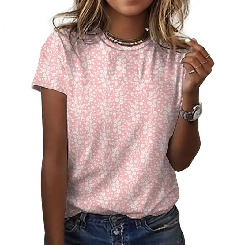 soft pink floral cotton t shirt women relaxed fit front view