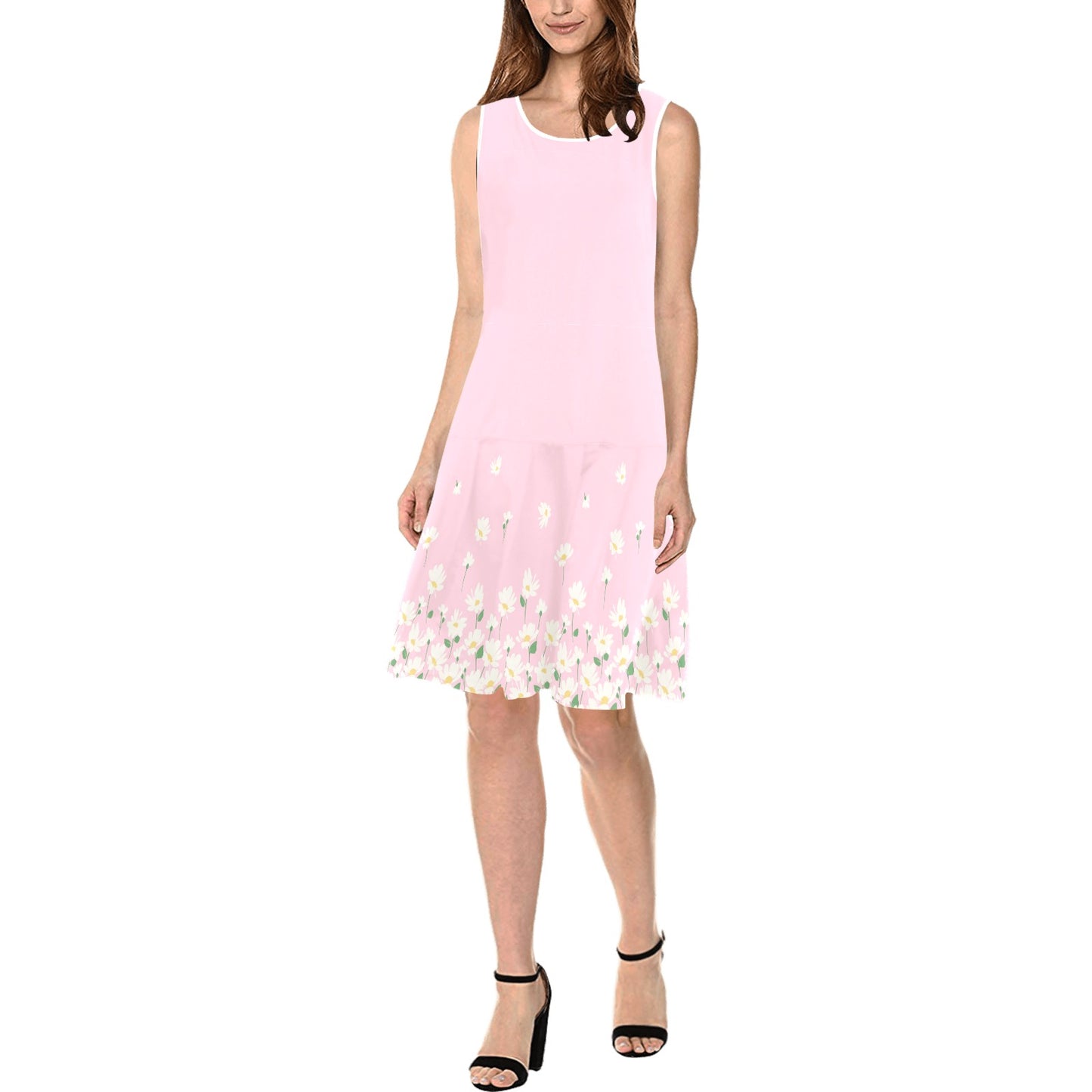 soft pink structured mini dress sleeveless high neckline clean lines