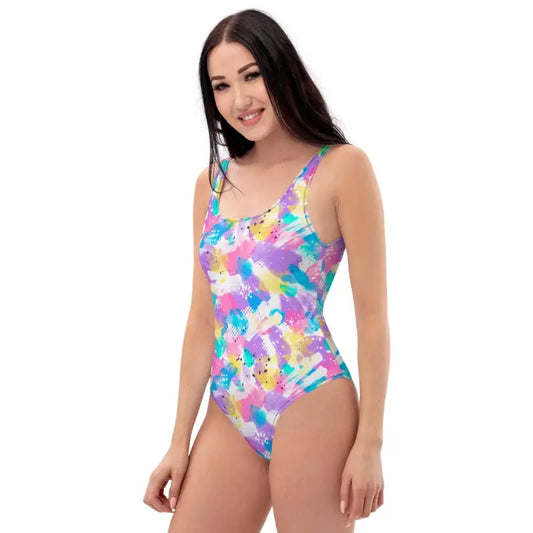 Colorful retro print one-piece swimsuit with vibrant 90s abstract design