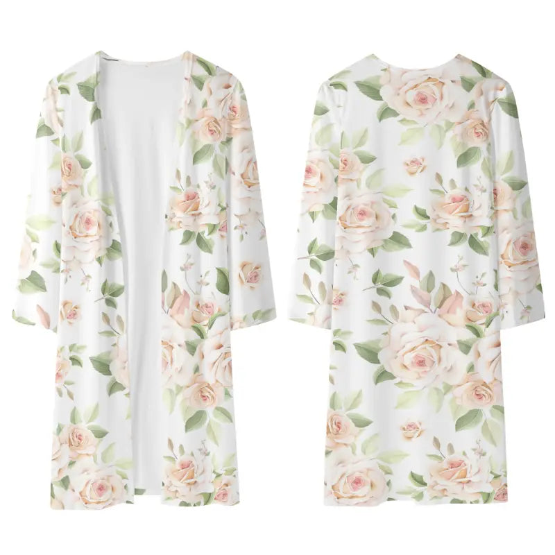 Floral white rose kimono with pink roses and green leaves for casual chic style