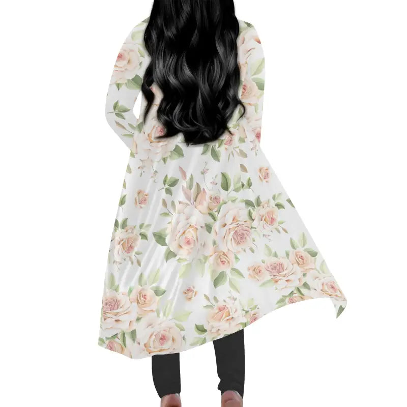 Floral dress and black leggings styled with a White Rose Kimono for casual chic vibes