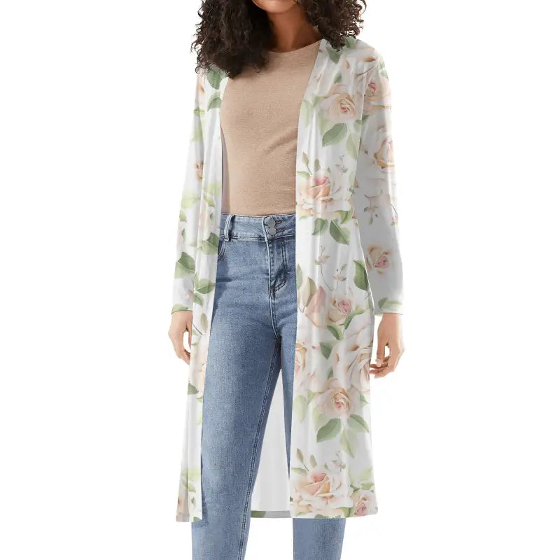 Long floral print white rose kimono cardigan for a casual chic style look