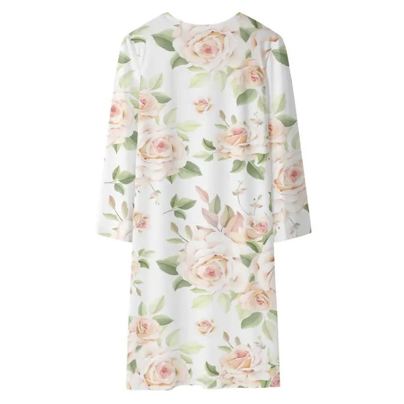 White Rose Kimono with pink rose and green leaf pattern for casual chic style