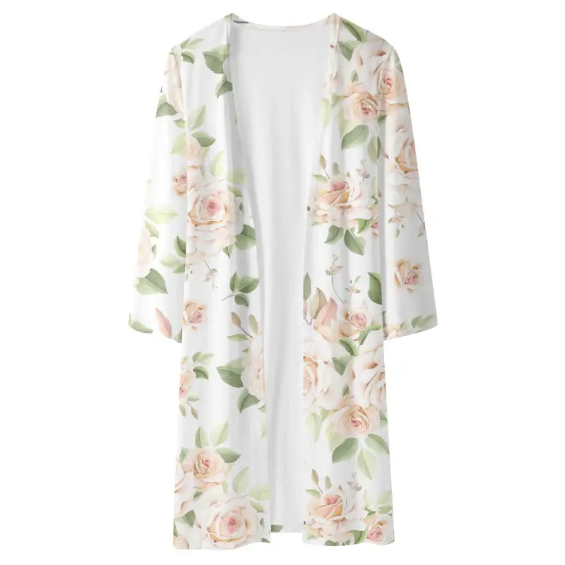 Floral white rose kimono with pink roses and green leaves for a casual chic style