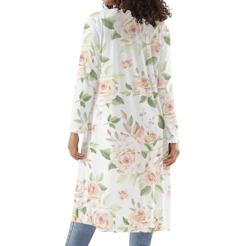 Long floral duster coat with pink roses in a stylish white rose kimono for casual chic style