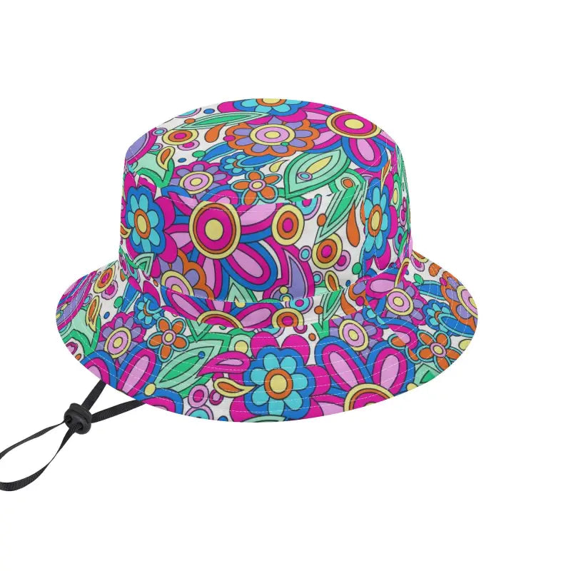 Colorful floral bucket hat with adjustable string for a groovy summer vibe