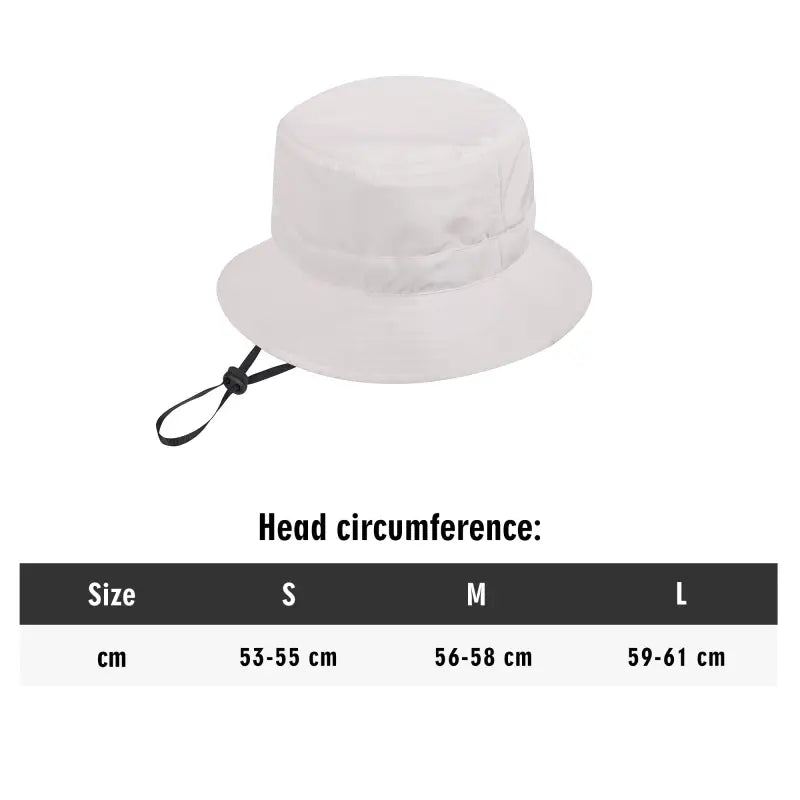 White floral bucket hat with chin strap and size chart for a perfect fit