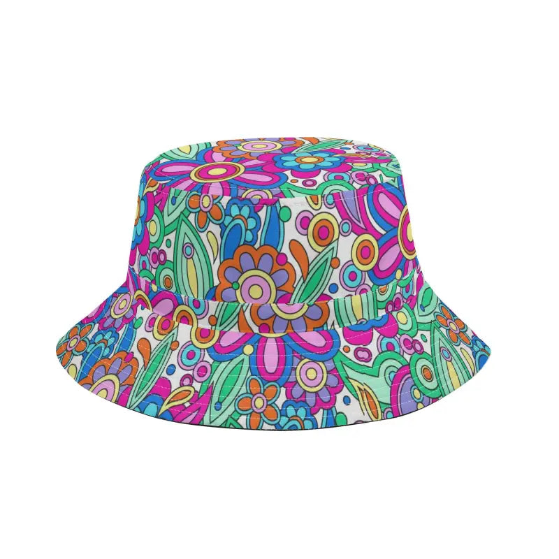 Vibrant floral bucket hat with adjustable string for a groovy summer vibe