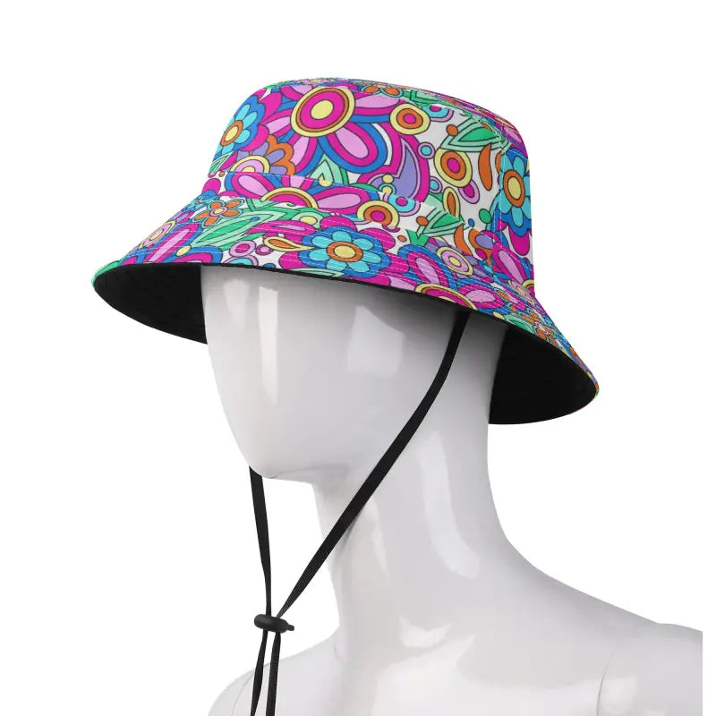 Colorful floral bucket hat with adjustable string for a groovy summer look