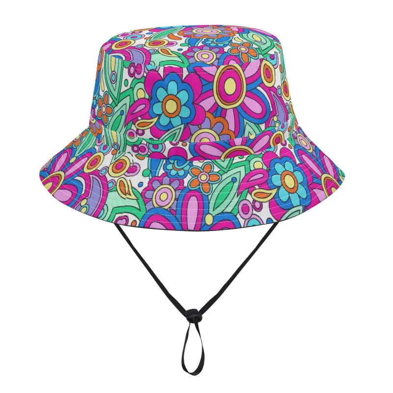 Colorful floral bucket hat with adjustable string for a groovy look and all-day comfort