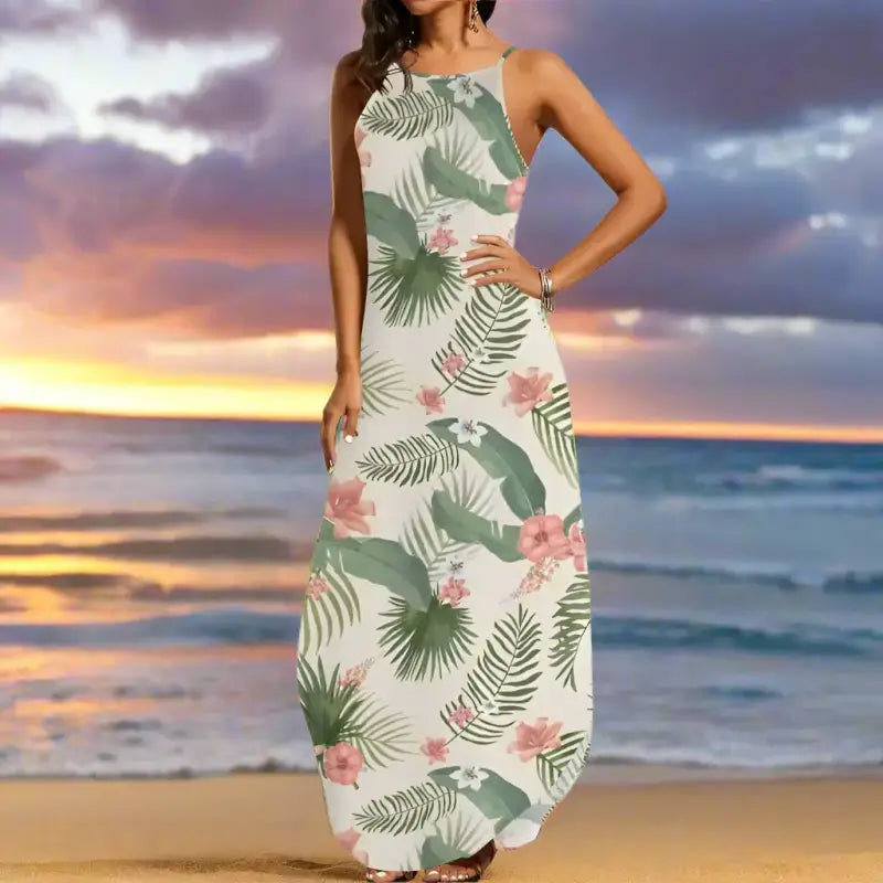 Sleeveless tropical print maxi dress with palm leaves, perfect for hot weather style