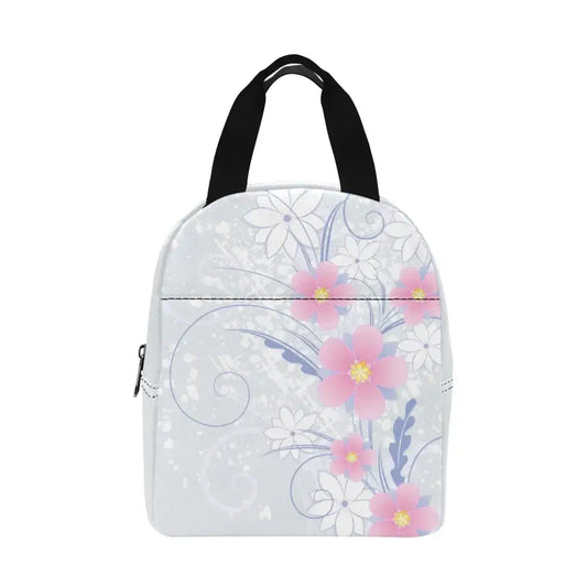 Floral insulated zipper lunch bag with black handles for stylish food storage