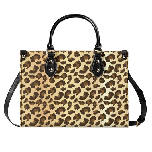 Leopard print PU leather handbag with black handles, perfect for women leopard print lovers