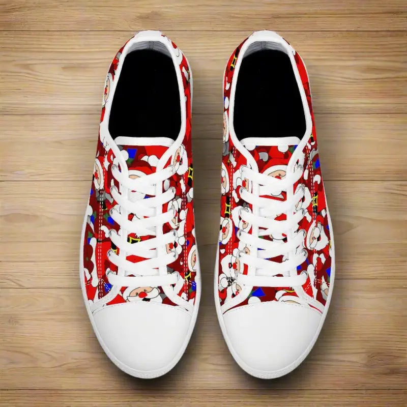 Colorful Santa Christmas Sneakers with white laces and festive patterns for holiday fun