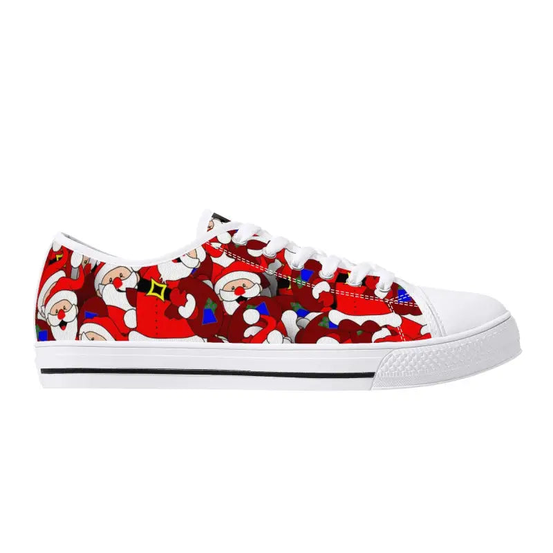 Christmas sneakers featuring a Santa Claus pattern on a vibrant red background