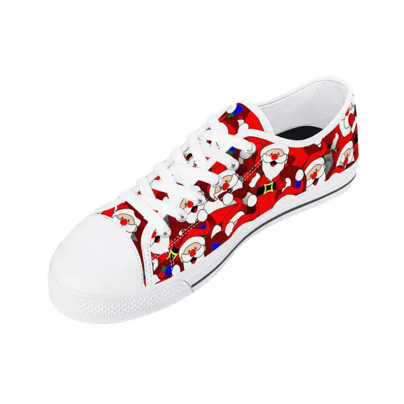 Santa Christmas sneakers with a fun Santa Claus pattern on white canvas shoes