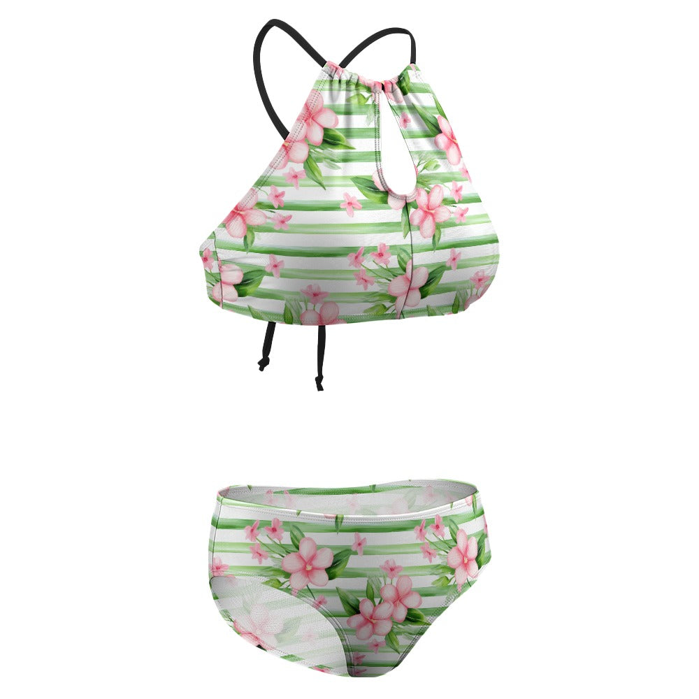 striped floral bikini set angled view