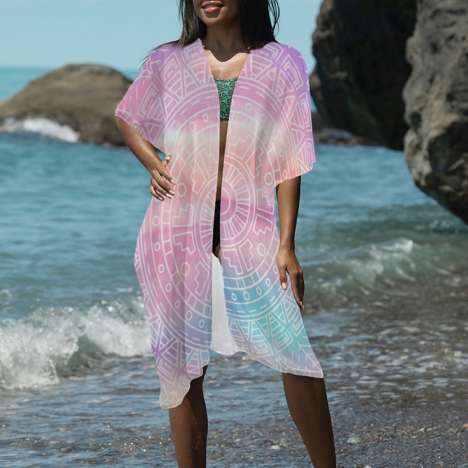 sunset mandala chiffon beach kimono cover up front view