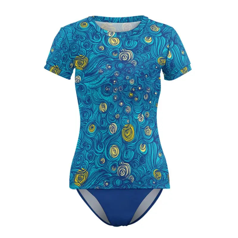 Blue patterned short sleeve tankini set perfect for pool parties and beach outings