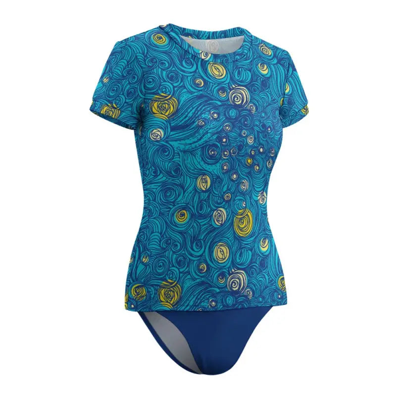 Blue and yellow peacock-patterned short sleeve tankini for beach outings and pool parties