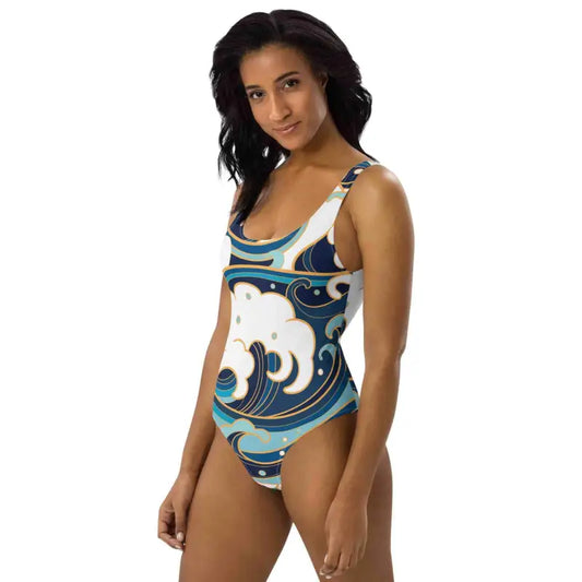 Colorful blue wave print one-piece swimsuit with an abstract design for stylish beach days