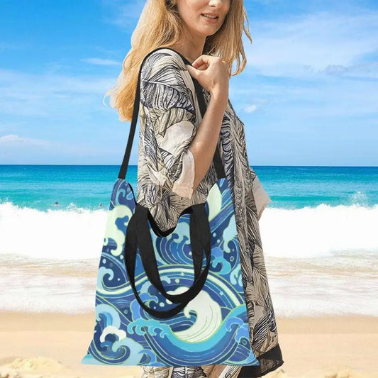 Beach tote bag with blue wave print canvas design perfect for Tide Pool Adventures