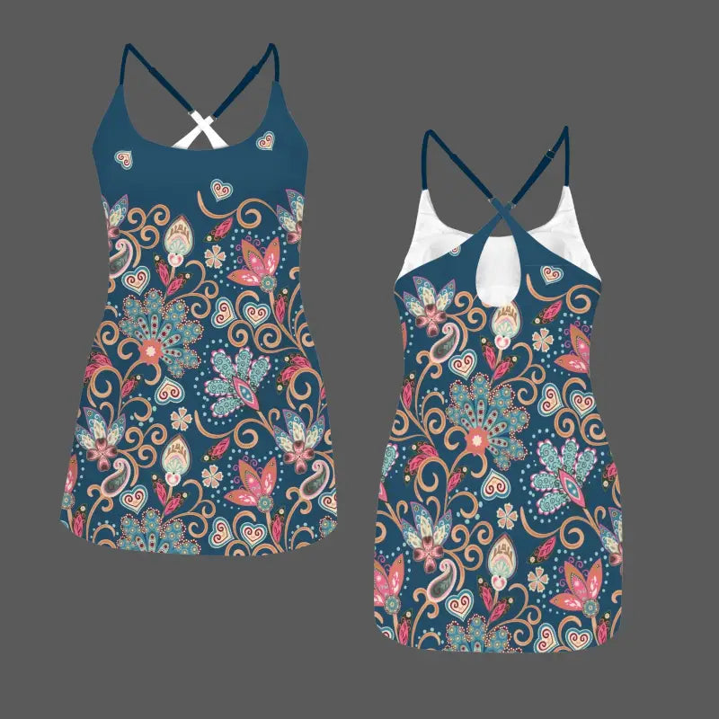 Two boho tennis dresses with navy blue fabric and vibrant floral paisley patterns