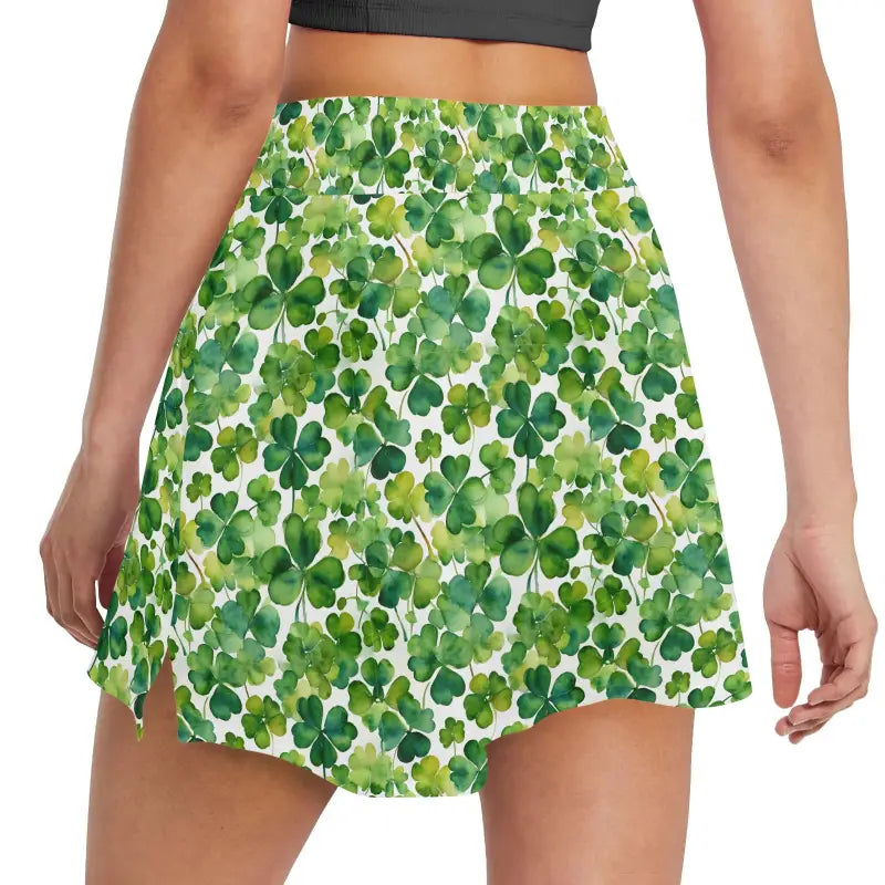 Short skirt featuring a fun green shamrock print for the ultimate women’s shamrock golf look