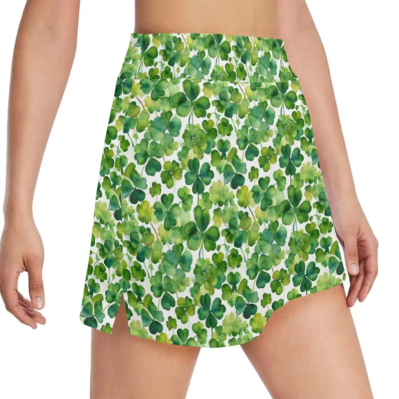 Short skirt featuring a fun green shamrock pattern for the ultimate Women’s Shamrock Golf Skort